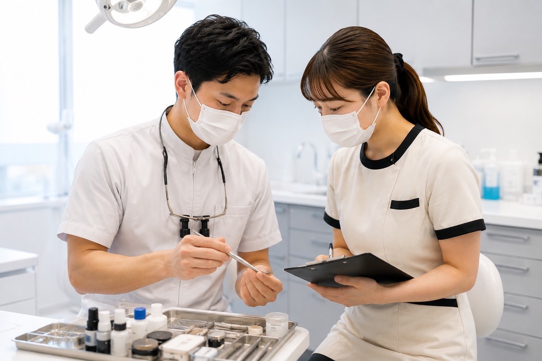 歯科医師が歯科助手に器具について指導している様子